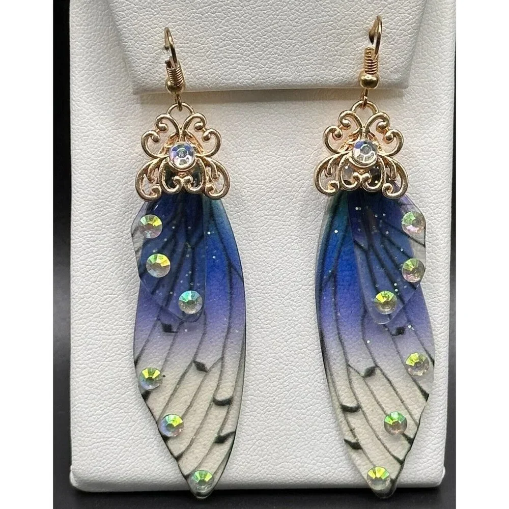 Fairy Earrings Butterfly Wings Handmade‎ Fantasy Elvish Nature Blue Rhinestones
